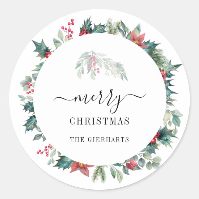 Modern Script Christmas Botanicals Mistletoe Classic Round Sticker (Front)