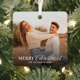 Modern Script Christmas Couple Photo Metal Tree Decoration