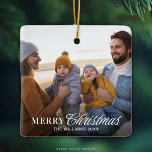 Modern Script Christmas Family Photo Ceramic Ornament