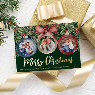 Modern Script Christmas Ornaments 3 Photos Green Foil Holiday Card