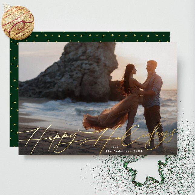Modern Script Christmas Photo Happy Gold Foil Holiday Card (Creator Uploaded)