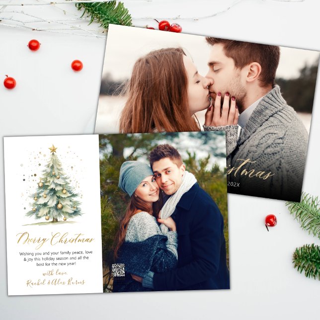 Modern Script Christmas Tree 2 Photo Christmas  Holiday Card (Creator Uploaded)