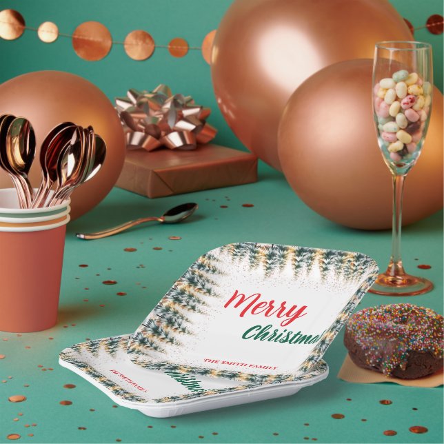 Modern Script Christmas Xmas winter pine tree fore Paper Plate (Multi)