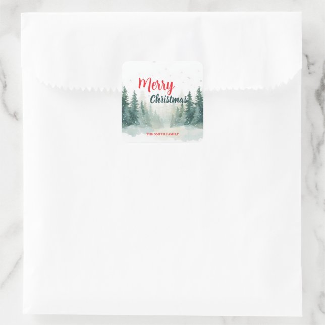 Modern Script Christmas Xmas winter pine tree fore Square Sticker (Bag)