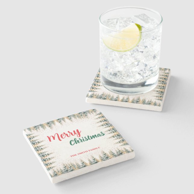 Modern Script Christmas Xmas winter pine tree fore Stone Coaster (Side)
