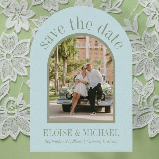 Modern Script Citrus Blue Wedding Arch Photo Save The Date (Invite guests to save the date for your big day with this Modern Script Wedding Arch Card!)