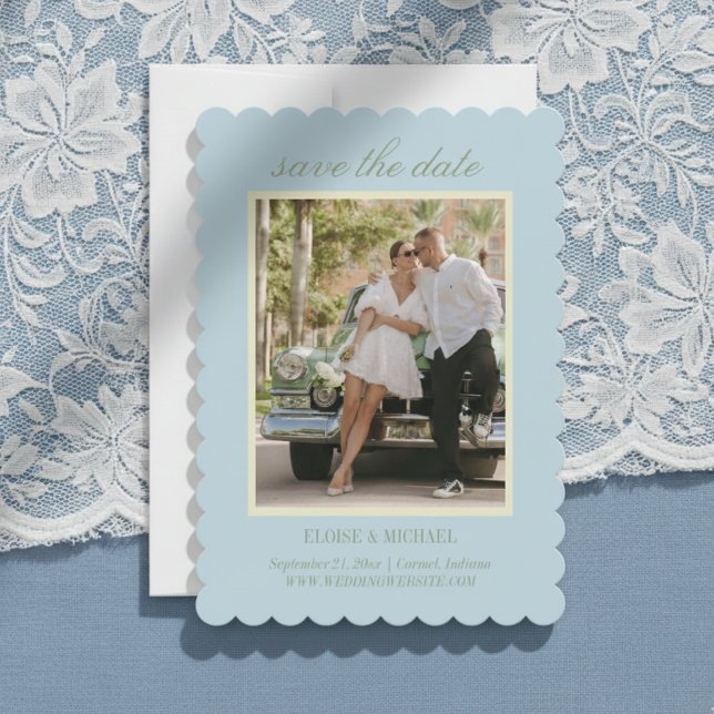 Modern Script Citrus Blue Wedding Photo Save The Date (Invite guests to save the date for your big day with this Modern Script Blue Save the Date!)