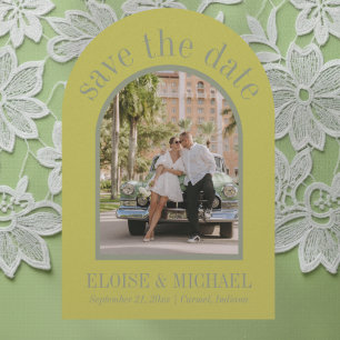 Modern Script Citrus Green Wedding Arch Photo Save The Date