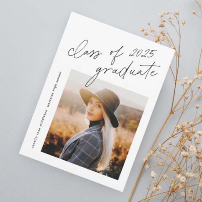 Modern Script Class of 2025 Photo Graduation  Invitation (Modern Script Class of 2025 Black and White Photo Graduation Invitation.)