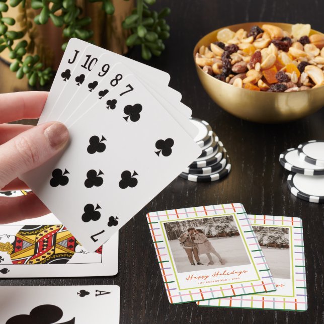 Modern Script Colorful Grid Happy Holidays Photo Playing Cards (In Situ)