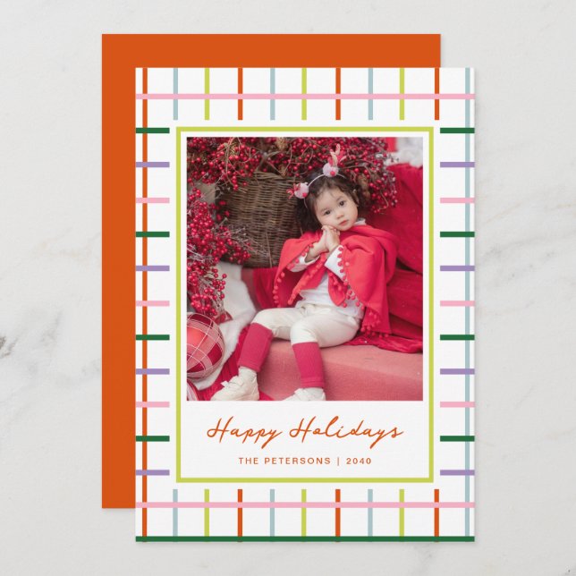 Modern Script Colourful Grid Happy Holidays Photo Holiday Card (Front/Back)