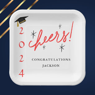 Modern Script Congratulations Grad Red and Black Paper Plate