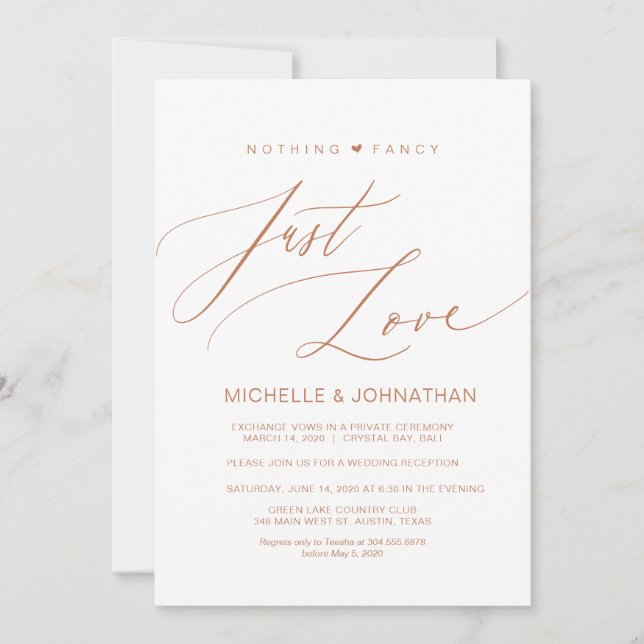Modern Script, Copper, Wedding Elopement Reception Invitation (Front)