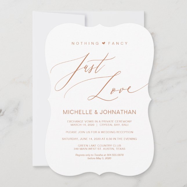 Modern Script, Copper, Wedding Elopement Reception Invitation (Front)