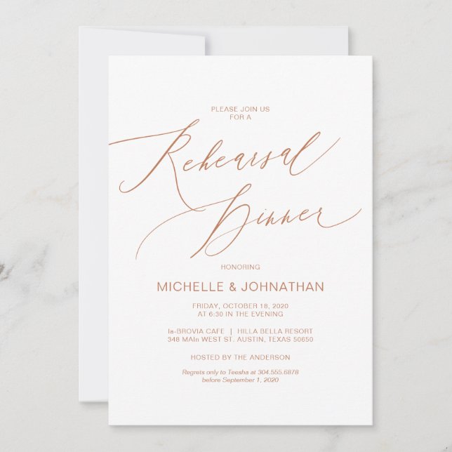 Modern Script, Copper, Wedding Rehearsal Dinner Invitation (Front)