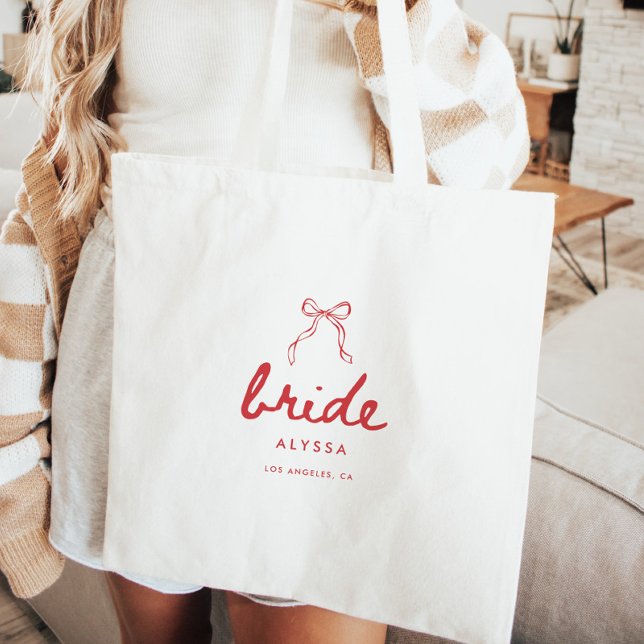 Modern Script Coquette Bow Bride's Name Wedding Tote Bag (Creator Uploaded)