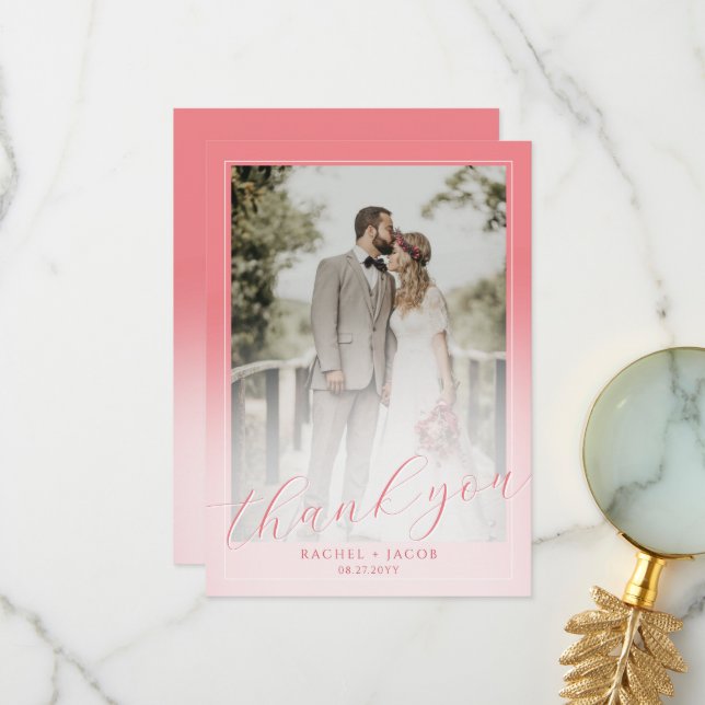 Modern Script Coral Salmon 2-Photo Wedding Thank You Card (Front/Back In Situ)