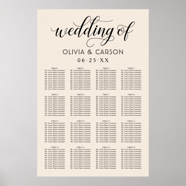 Modern Script Cream and Black Wedding Seating Poster (Front)
