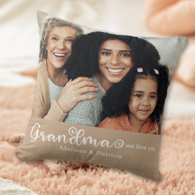 Modern Script Cream Brown We Love Grandma Photo Cushion (Creator Uploaded)