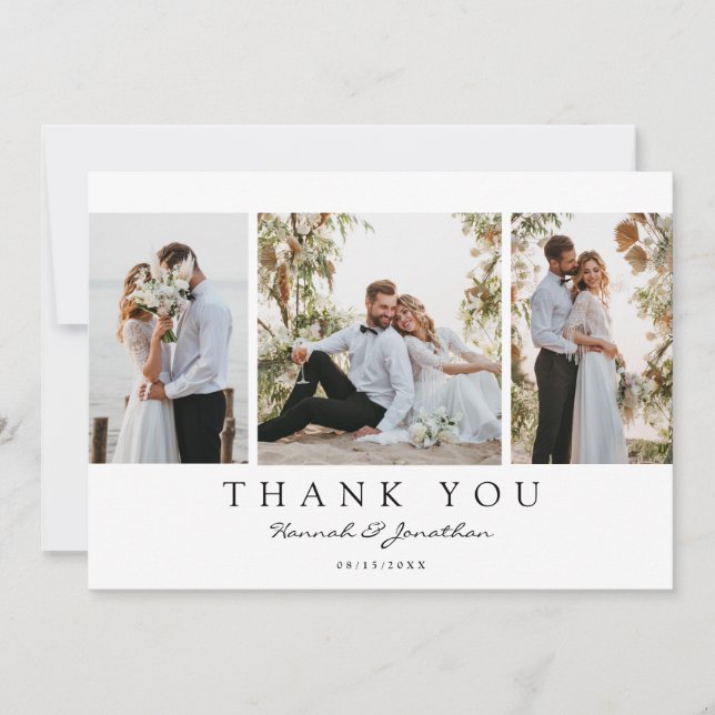 Modern Script Custom 3 Photo Wedding Thank You Card (Front)
