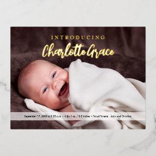 Modern Script Custom Baby Girl photo Elegant Foil Holiday Postcard