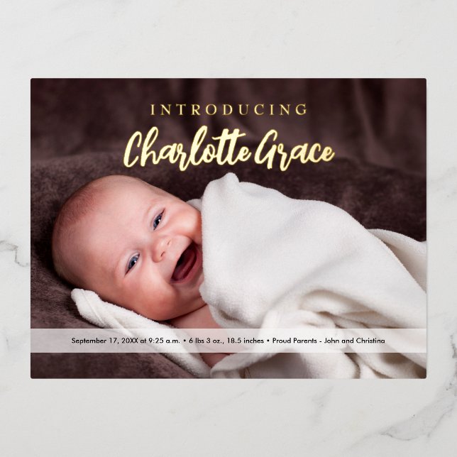 Modern Script Custom Baby Girl photo Elegant Foil Holiday Postcard (Front)