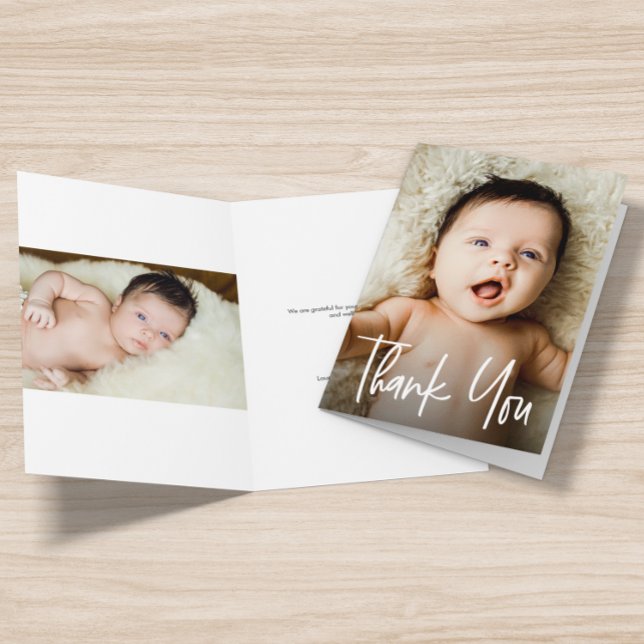 Modern Script Custom Baby Shower Photos Thank You Card (Baby shower thank you 2 photos Folded card.)