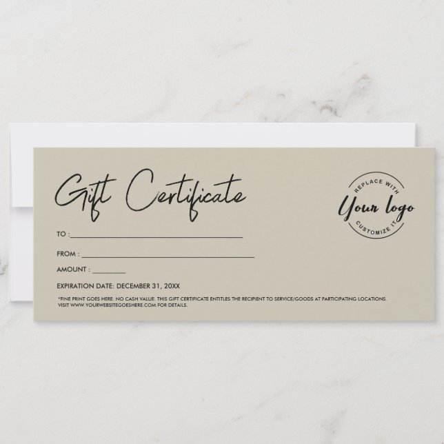 Modern Script Custom Logo Gift Certificate beige Invitation (Front)