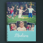 Modern Script Custom Name Cool 4 Photo Collage Not Notebook<br><div class="desc">Unique custom gift with 4 favourite photos in a modern photo collage notebook with your name in a trendy hand written script and year below on a cool mint turquoise green backdrop. Sweet little personal gift for teens,  kids,  or grandparents!</div>