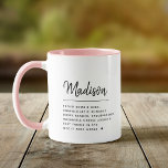 Modern Script Custom Name Definition Cool Girly Mug<br><div class="desc">Tell your bestie how well you know her with this super sweet and cool custom name definition mug! Does she love coffee? Is she a total zombie aficionado? A devoted knitter? Tell her what makes her special in your eyes with this modern script calligraphy name mug in stylish black and...</div>