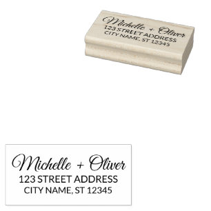 Modern Script Custom Names Wedding Couple Address Rubber Stamp