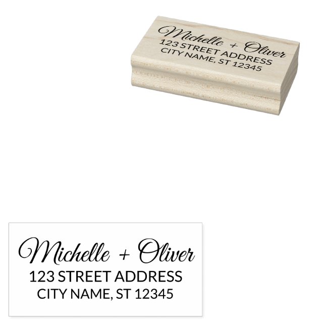 Modern Script Custom Names Wedding Couple Address Rubber Stamp (Stamped)