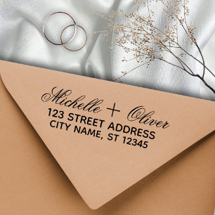 Modern Script Custom Names Wedding Couple Address Rubber Stamp