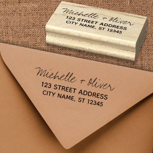 Modern Script Custom Names Wedding Couple Address Rubber Stamp