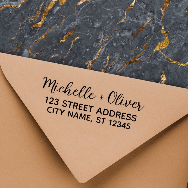 Modern Script Custom Names Wedding Couple Address Rubber Stamp (Creator Uploaded)
