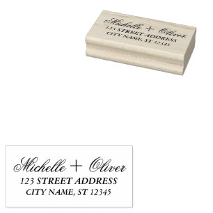 Modern Script Custom Names Wedding Couple Address Rubber Stamp