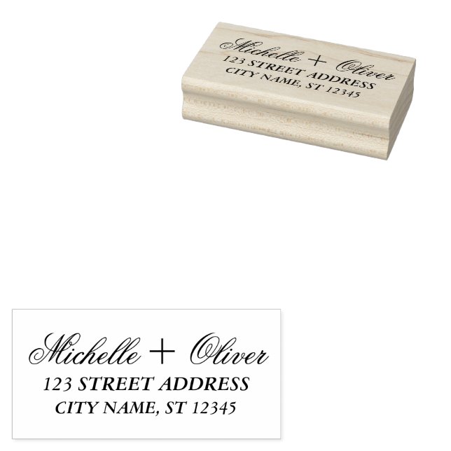 Modern Script Custom Names Wedding Couple Address Rubber Stamp (Stamped)