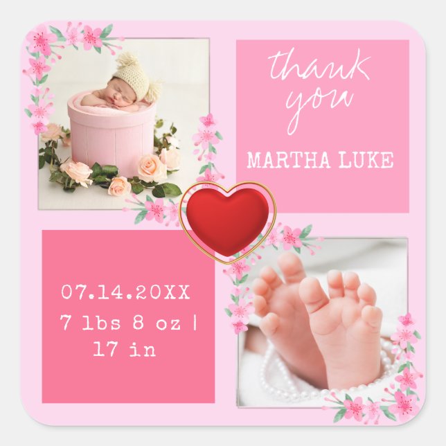 Modern Script Custom Newborn Baby Photo Thank you Square Sticker (Front)