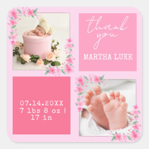 Modern Script Custom Newborn Baby Photo Thank you Square Sticker