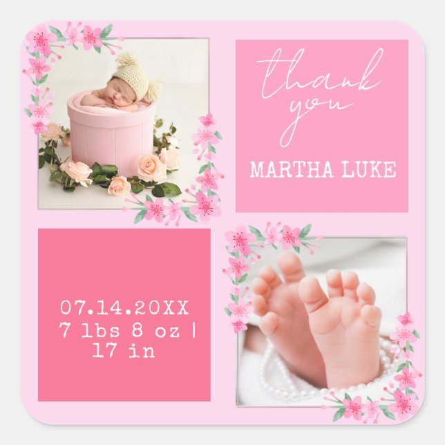 Modern Script Custom Newborn Baby Photo Thank you Square Sticker (Front)