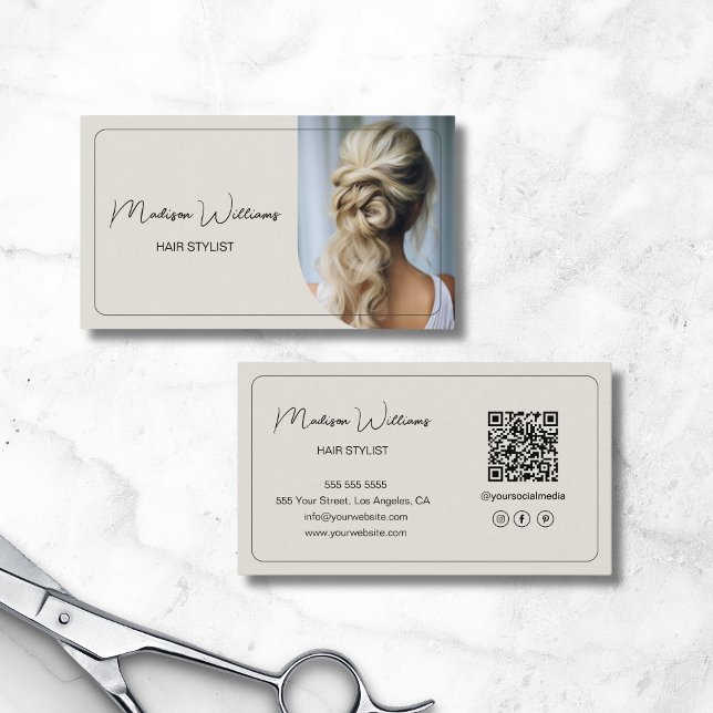 Modern Script Custom Photo QR Hair Stylist Business Card (Modern Script Custom Photo QR Hair Stylist Business Card)