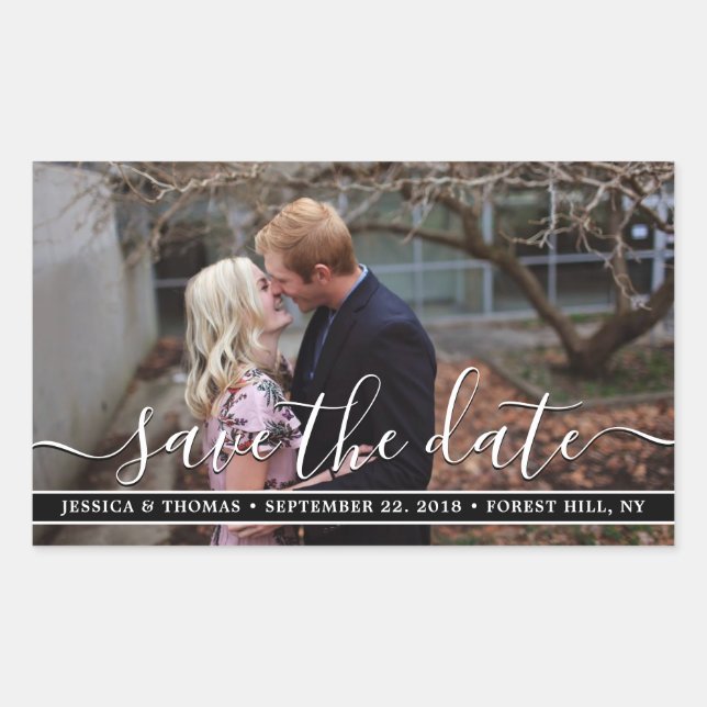 Modern Script | Custom Photo Save The Date Rectangular Sticker (Front)