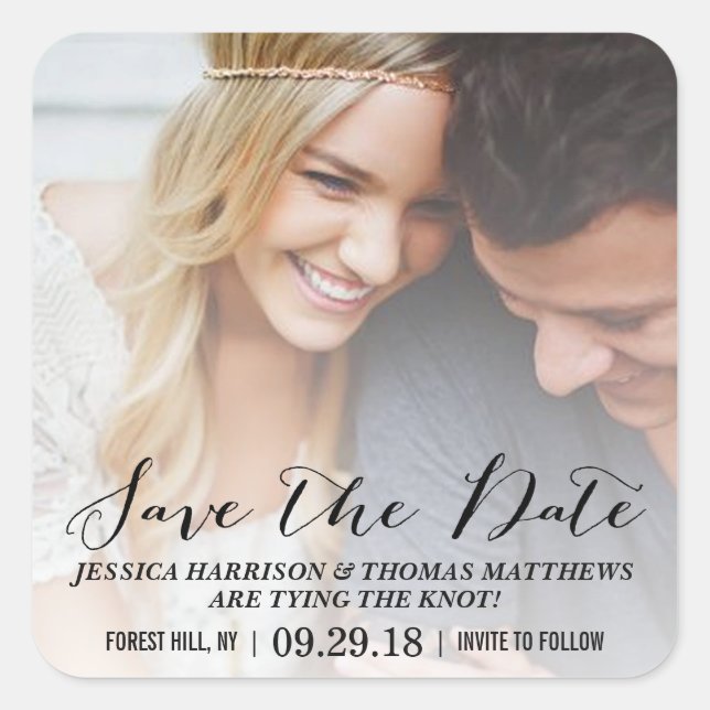 Modern Script | Custom Photo Save The Date Square Sticker (Front)