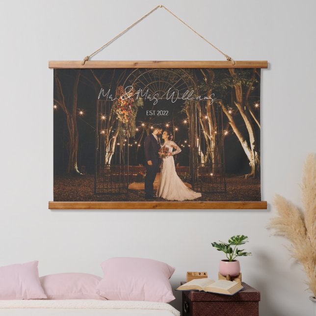 Modern Script Custom Wedding Photo Wall Hanging Tapestry (Bedroom)