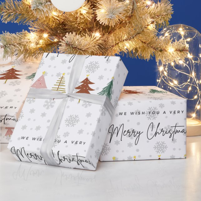 Modern script cute pattern trees and snowflakes wrapping paper (Holidays)