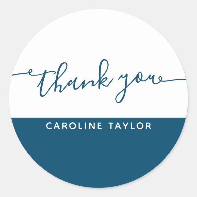 Modern Script Dark Blue White Thank You Classic Round Sticker (Front)