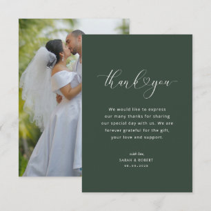 modern script dark green wedding thank you card
