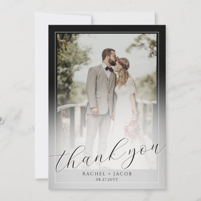 Modern Script Dark Red 2-Photo Wedding Thank You Card (Front)