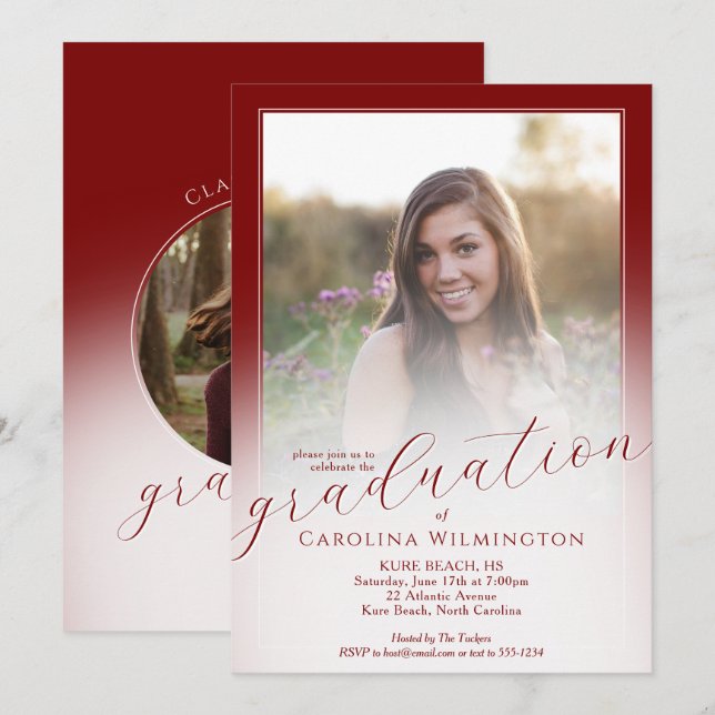 Modern Script Dark Red Ombre Photo Graduation Invitation (Front/Back)