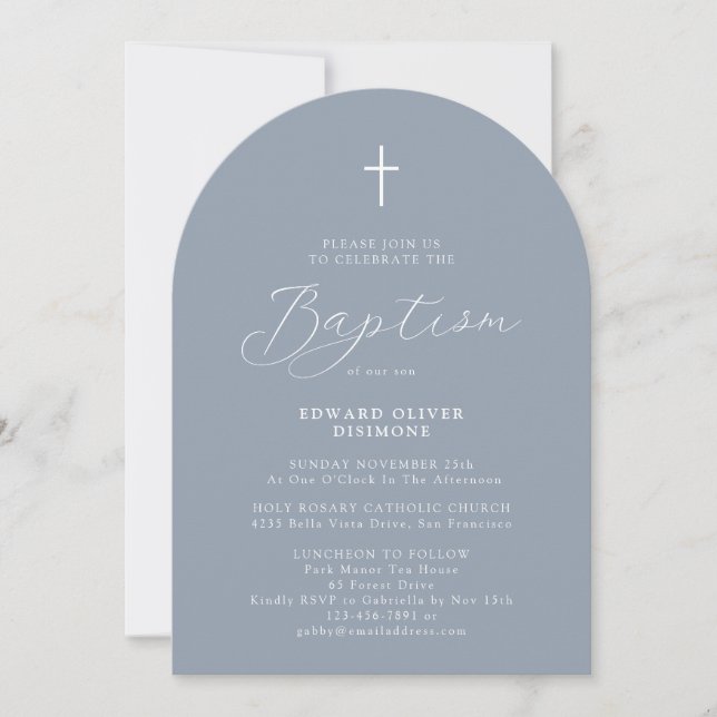 Modern Script Dusty Blue Baby Baptism Invitation (Front)